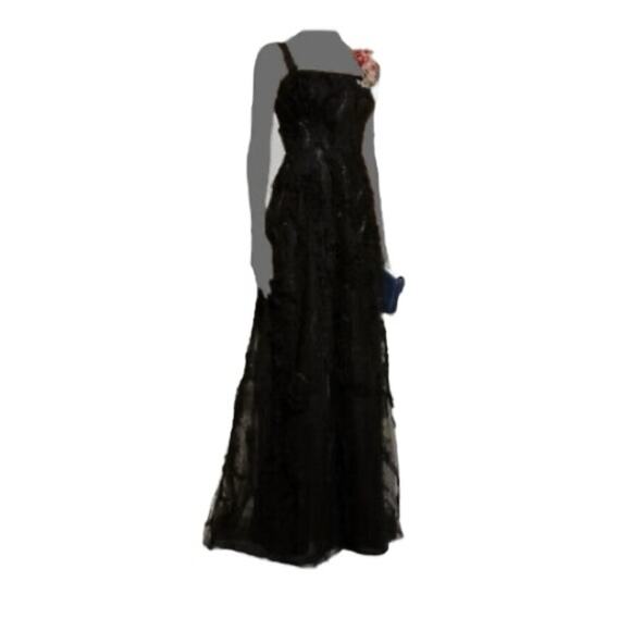 Rickie Freeman Teri Jon Black Gown Floral Strap Sleeveless Maxi Size 10 - Picture 5 of 7